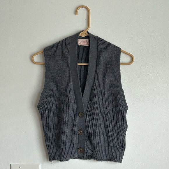 Vintage Sweaters - Vintage Charcoal Gray Knit Button-Up Sweater Vest